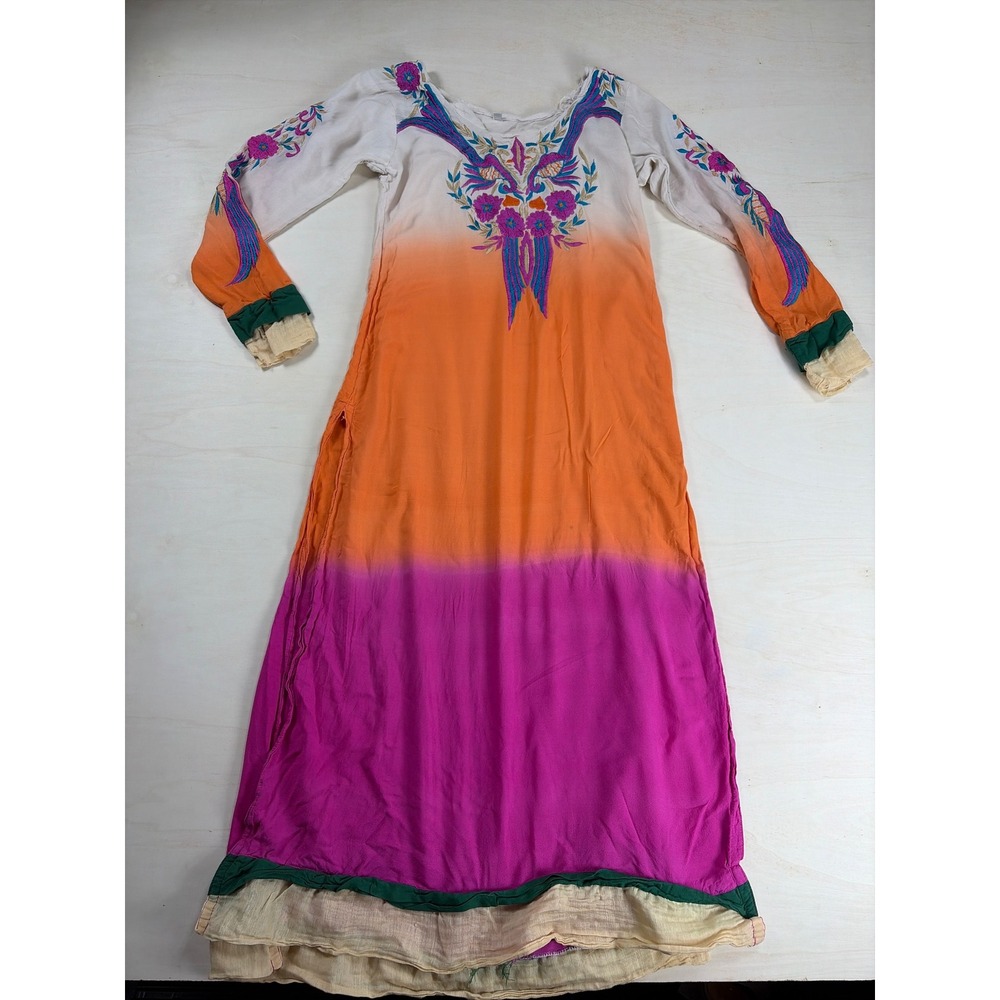 Vintage Ombre Embroidered Boho Maxi Dress Orange Pink White Size 36 Long Sleeve